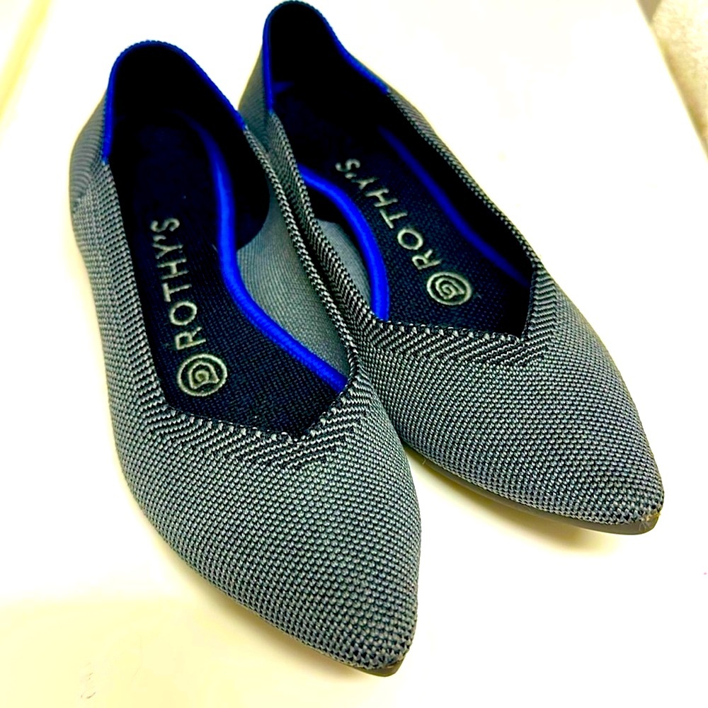Rothy's Pointed Toe Flats in Charcoal Gray with Blue Trim - Picture 2 of 16